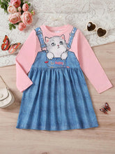 1pc Girls Casual Cat Graphic Denim-Like Patchwork Dress, Autumn